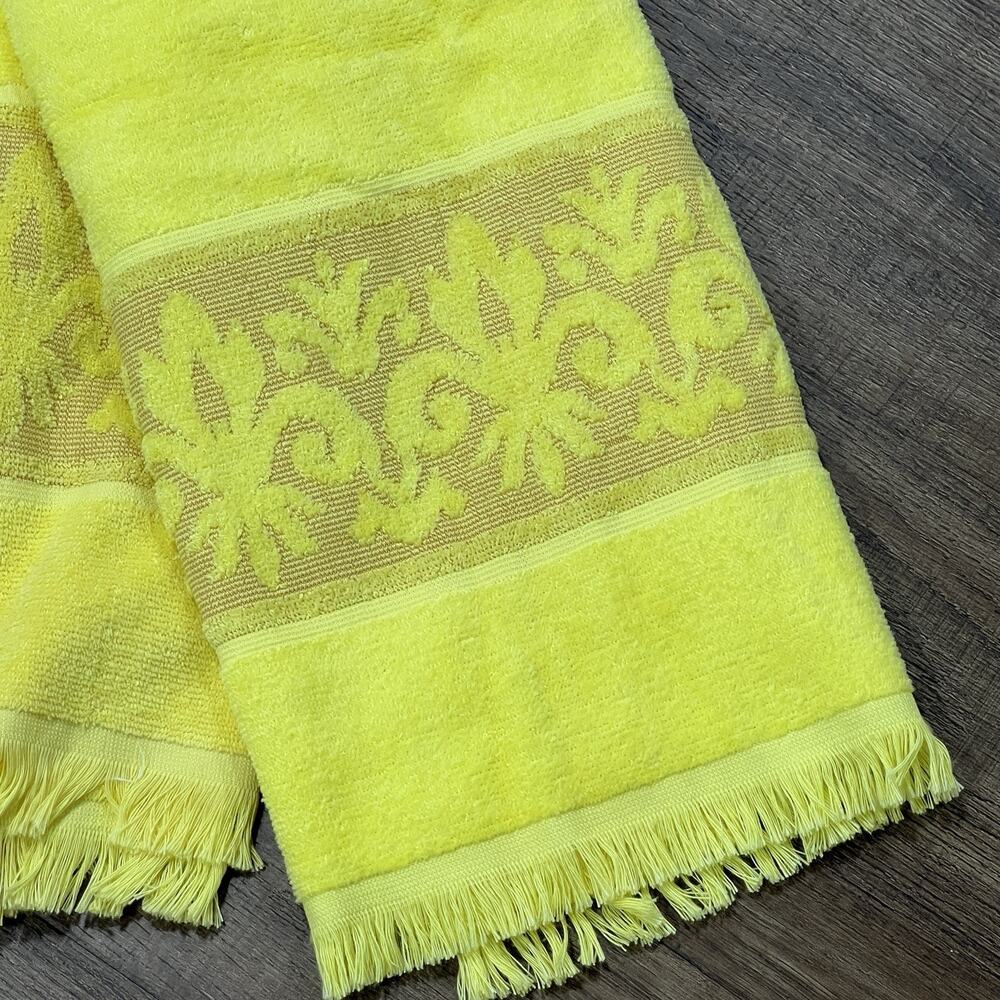 2 Vtg 70s Sears Yellow Fleur de Lis Fringe Bath Towel Retro MCM Cotton 44"